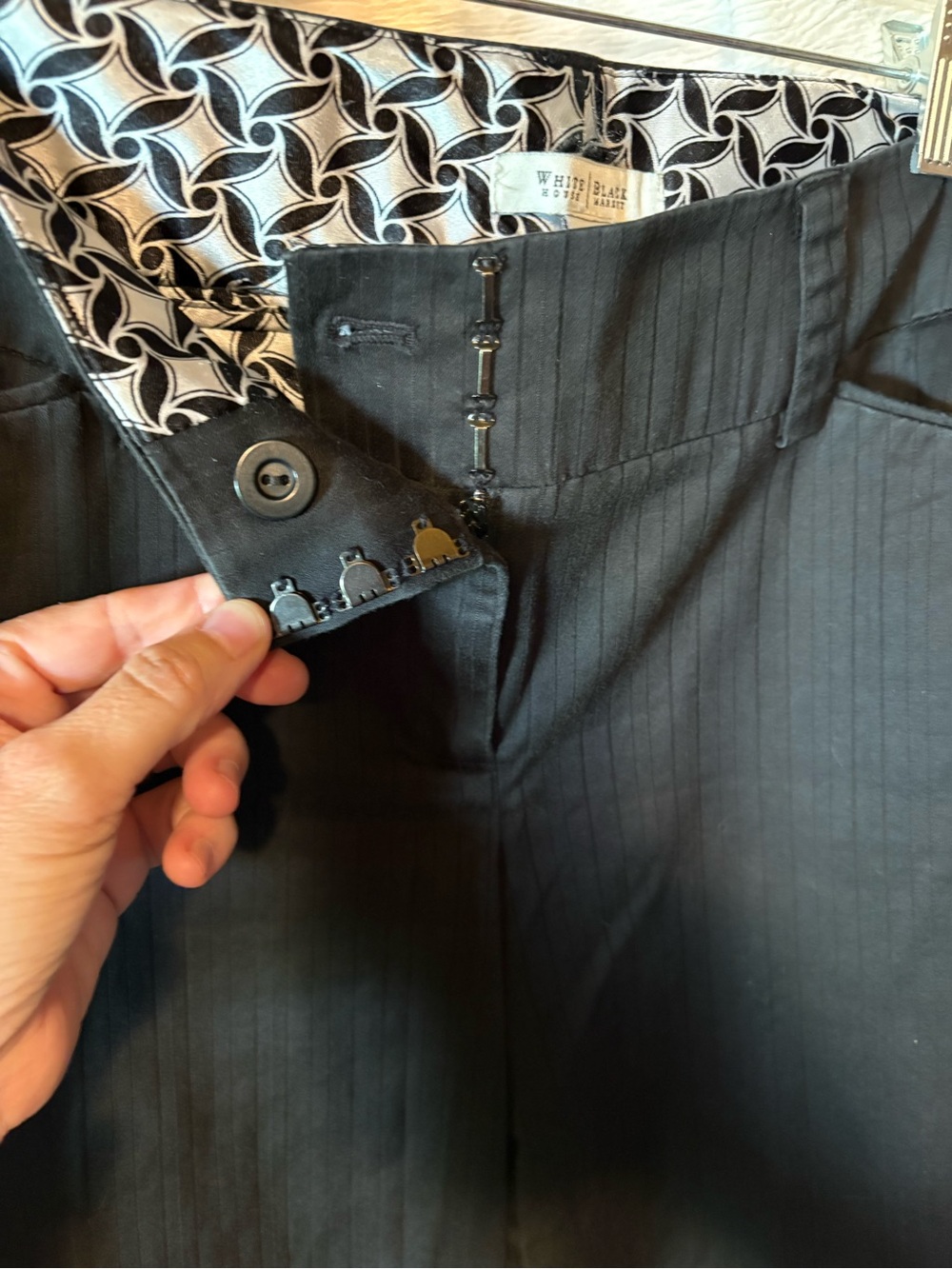 White House Black Market Black Pinstripe Dress Pants with Patterned Waistband